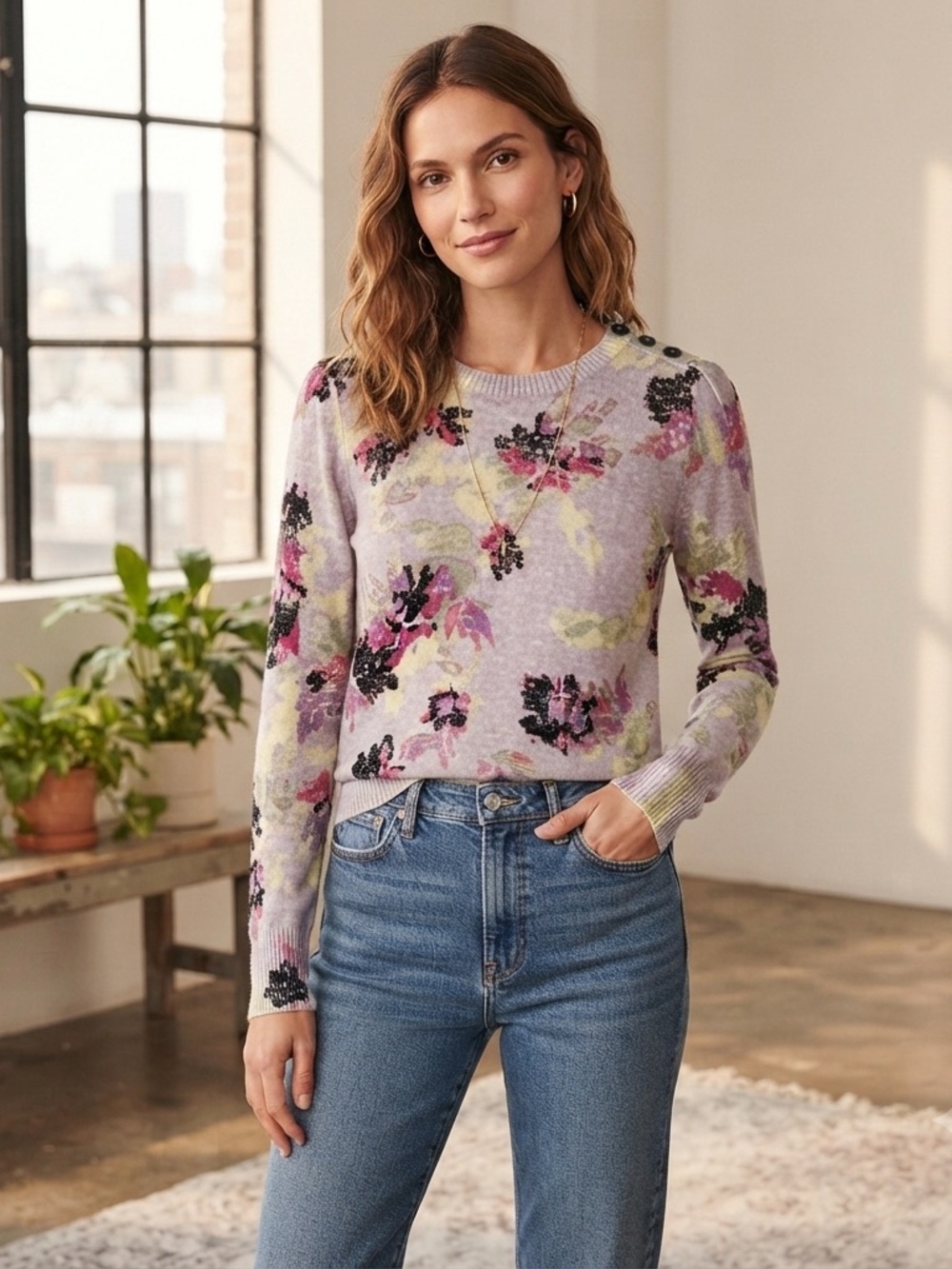 NIC+ZOE Floral Cotton Cashmere Blend Sweater Small Lavender
